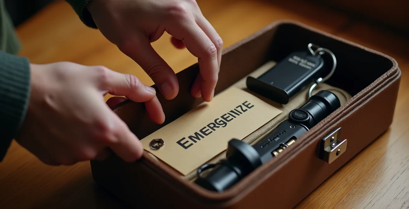 Kit d'urgence sécurité avec documents et outils organisés sur surface en bois