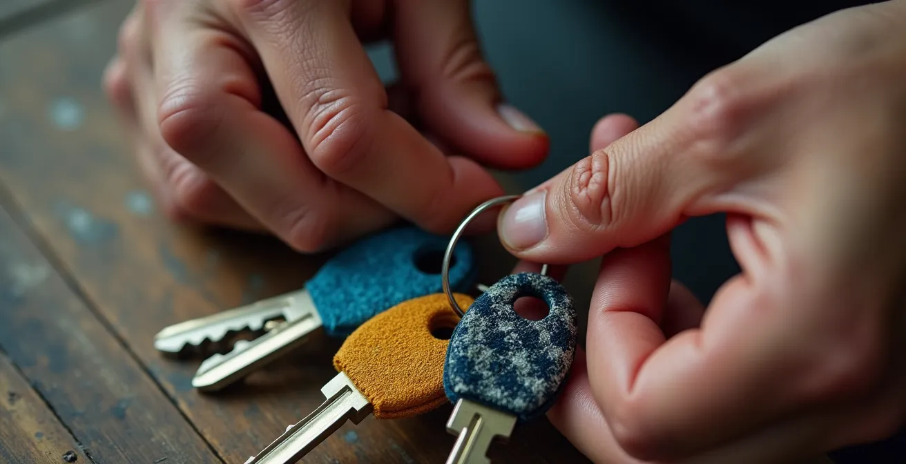 Gros plan sur des mains organisant méthodiquement un trousseau de clés avec système de couleurs