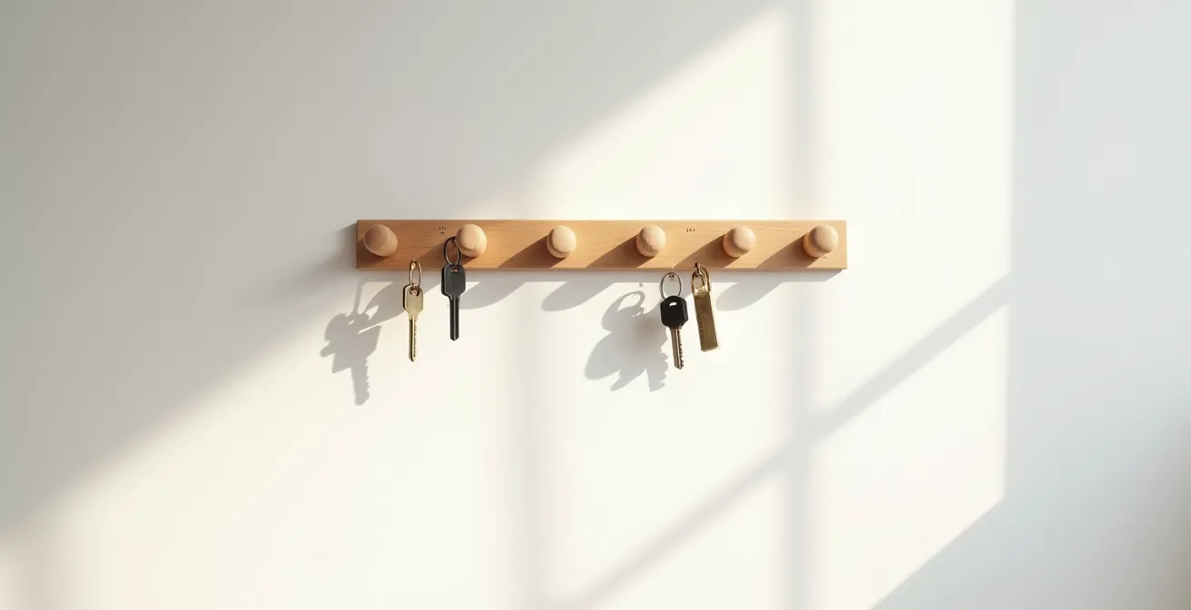 Vue minimaliste d'un mur avec système de rangement de clés organisé par zones